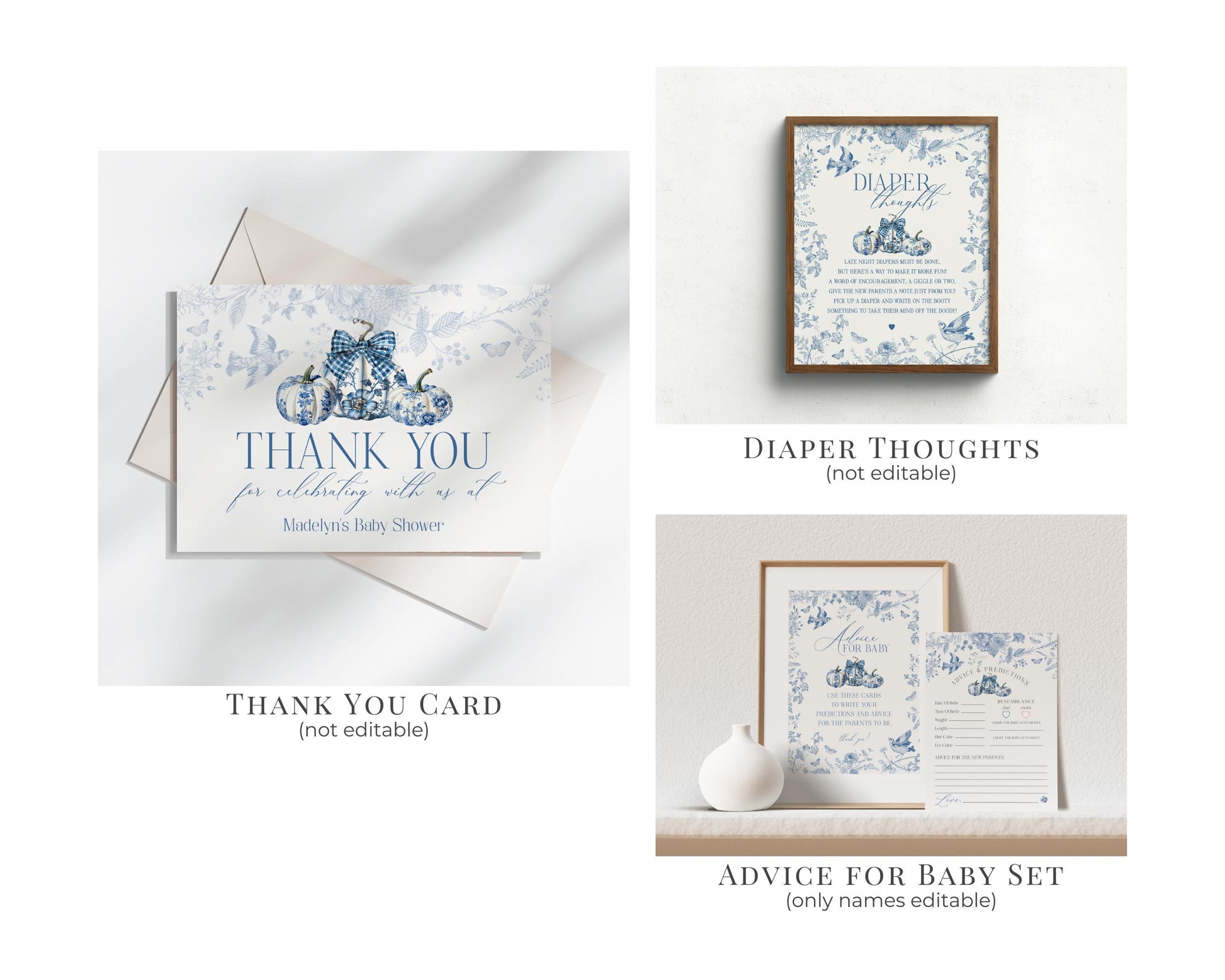 Blue Toile De Jouy Baby Shower Printable Bundle, Blue Fall Chinoiserie Decor for October French Baby Brunch, Autumn Shower Decor