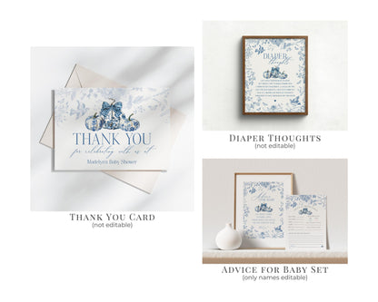 Blue Toile De Jouy Baby Shower Printable Bundle, Blue Fall Chinoiserie Decor for October French Baby Brunch, Autumn Shower Decor