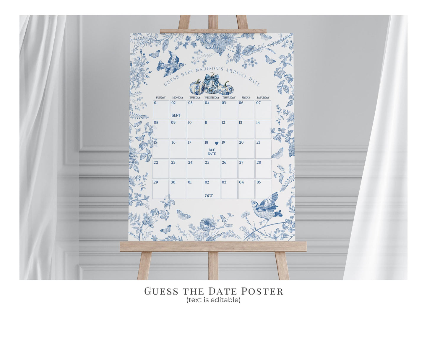 Blue Toile De Jouy Baby Shower Printable Bundle, Blue Fall Chinoiserie Decor for October French Baby Brunch, Autumn Shower Decor