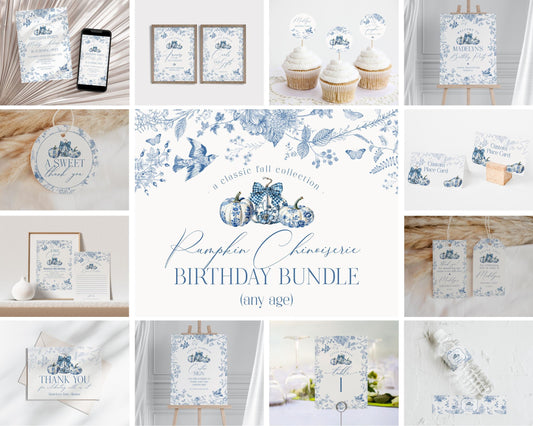 Blue Toile De Jouy Pumpkin Birthday Bundle Printable Template, Blue Chinoiserie Birthday Party for September October Bday Autumn French