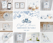  Blue Toile De Jouy Pumpkin Birthday Bundle Printable Template, Blue Chinoiserie Birthday Party for September October Bday Autumn French