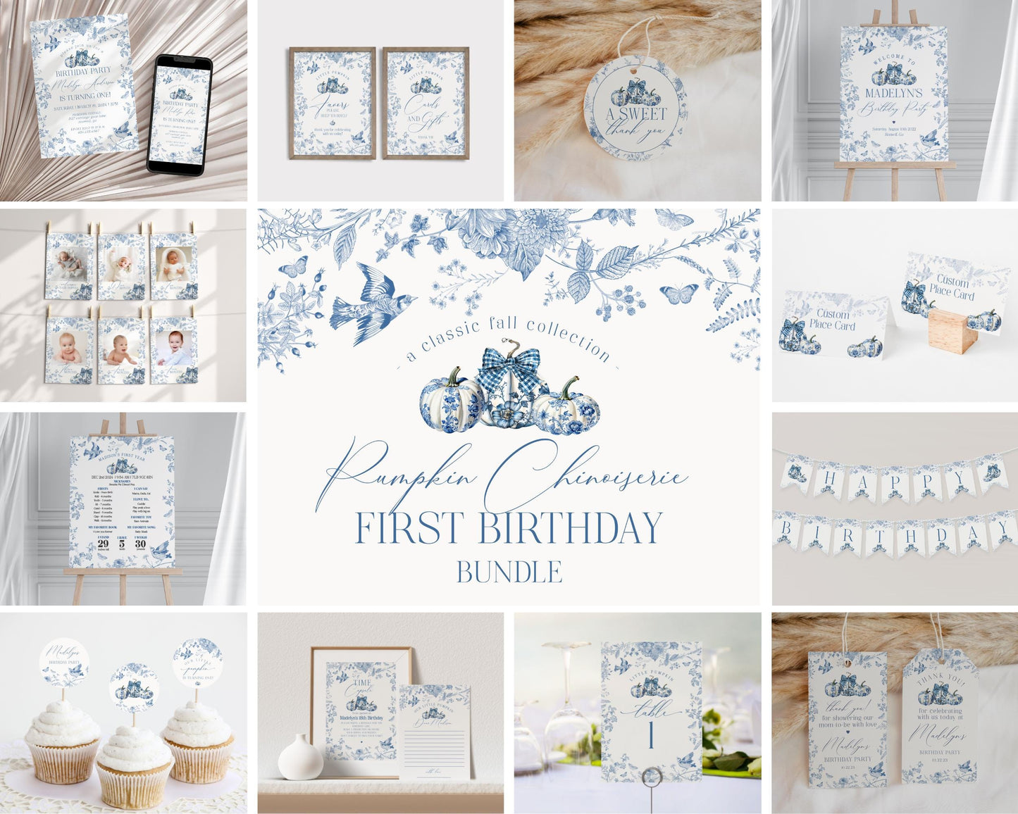 Blue Toile De Jouy First Birthday Bundle Printable Template, Blue Fall Chinoiserie Decor for October French Birthday Party Autumn Decor