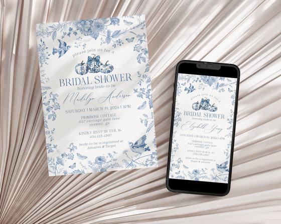 Blue Toile De Jouy Pumpkins Bridal Shower Invitation Printable Template, Blue Fall Chinoiserie Decor for October French Bridal Brunch Autumn