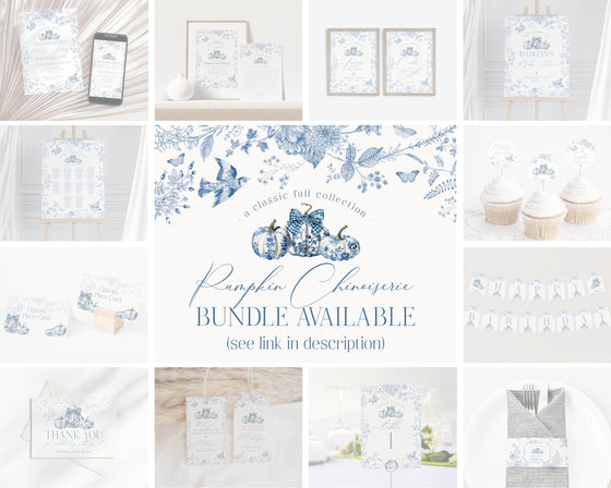 Blue Toile De Jouy Pumpkins Bridal Shower Welcome Sign Printable Template, Fall Chinoiserie Bridal Shower for September October Wedding