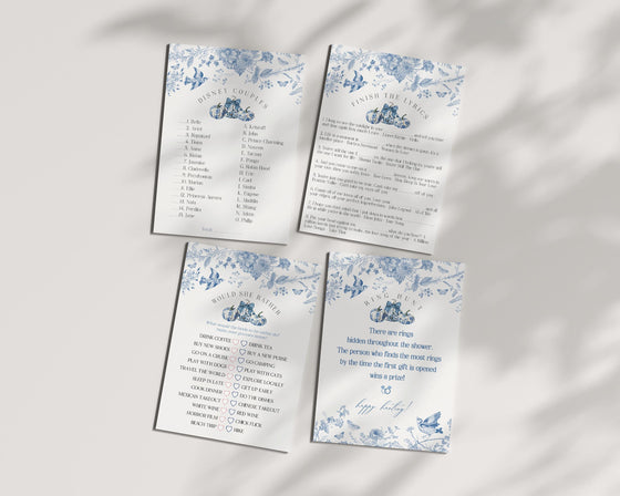 Blue Toile De Jouy Pumpkin Bridal Shower Games Set Printable Template, Fall Chinoiserie Bridal Shower for September October French Theme