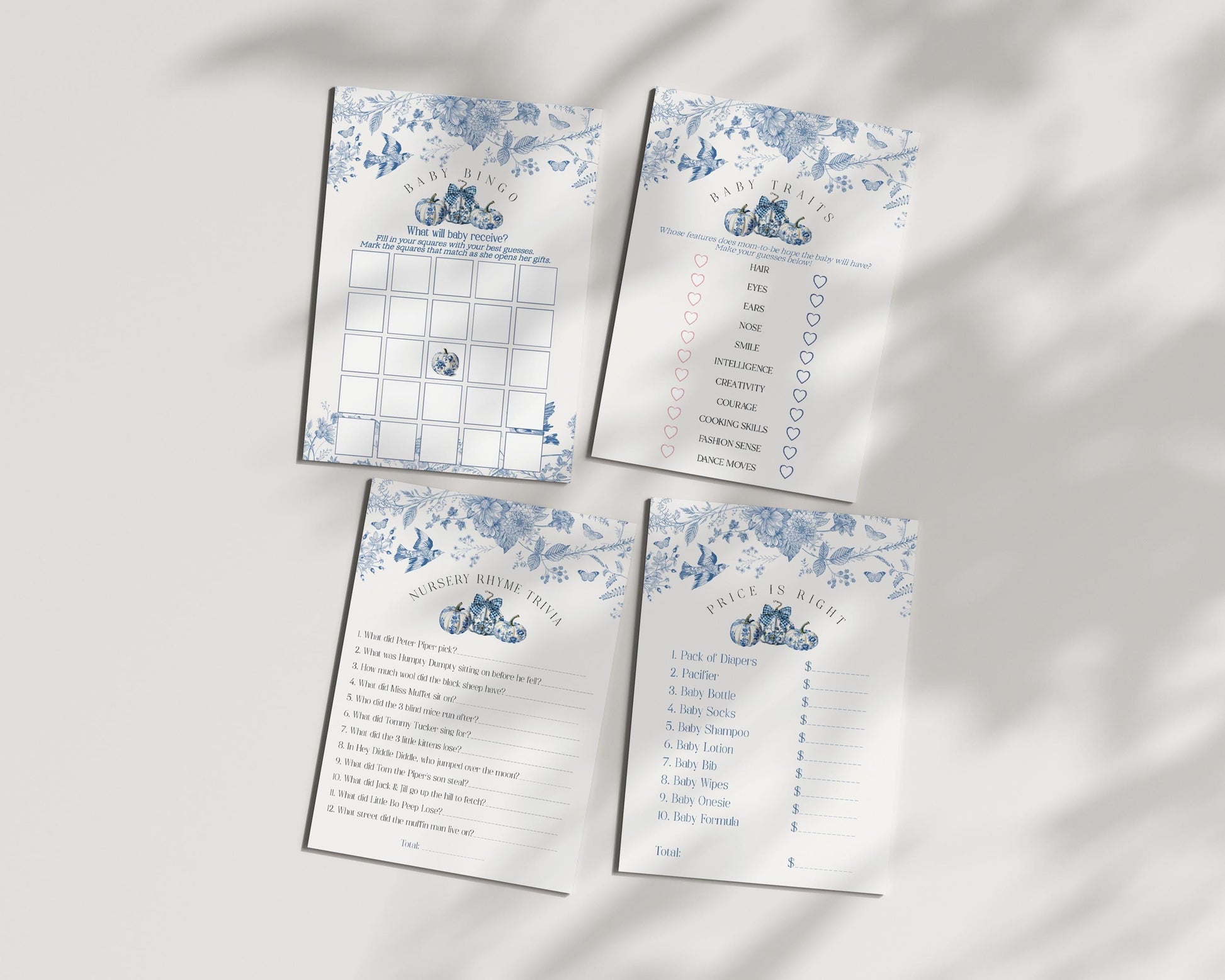 Blue Toile Pumpkin Baby Shower Games Set Printable Template, Fall chinoiserie baby shower decor September October Autumn French Theme