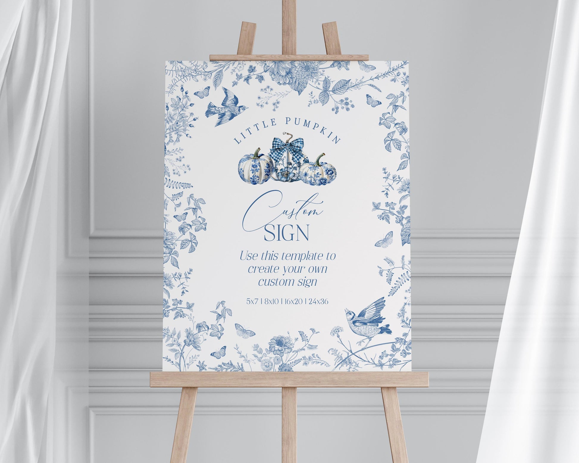 Blue Toile Pumpkin Custom Sign Printable Party Decor for Baby or Bridal Shower, Fall chinoiserie decor September October French Theme