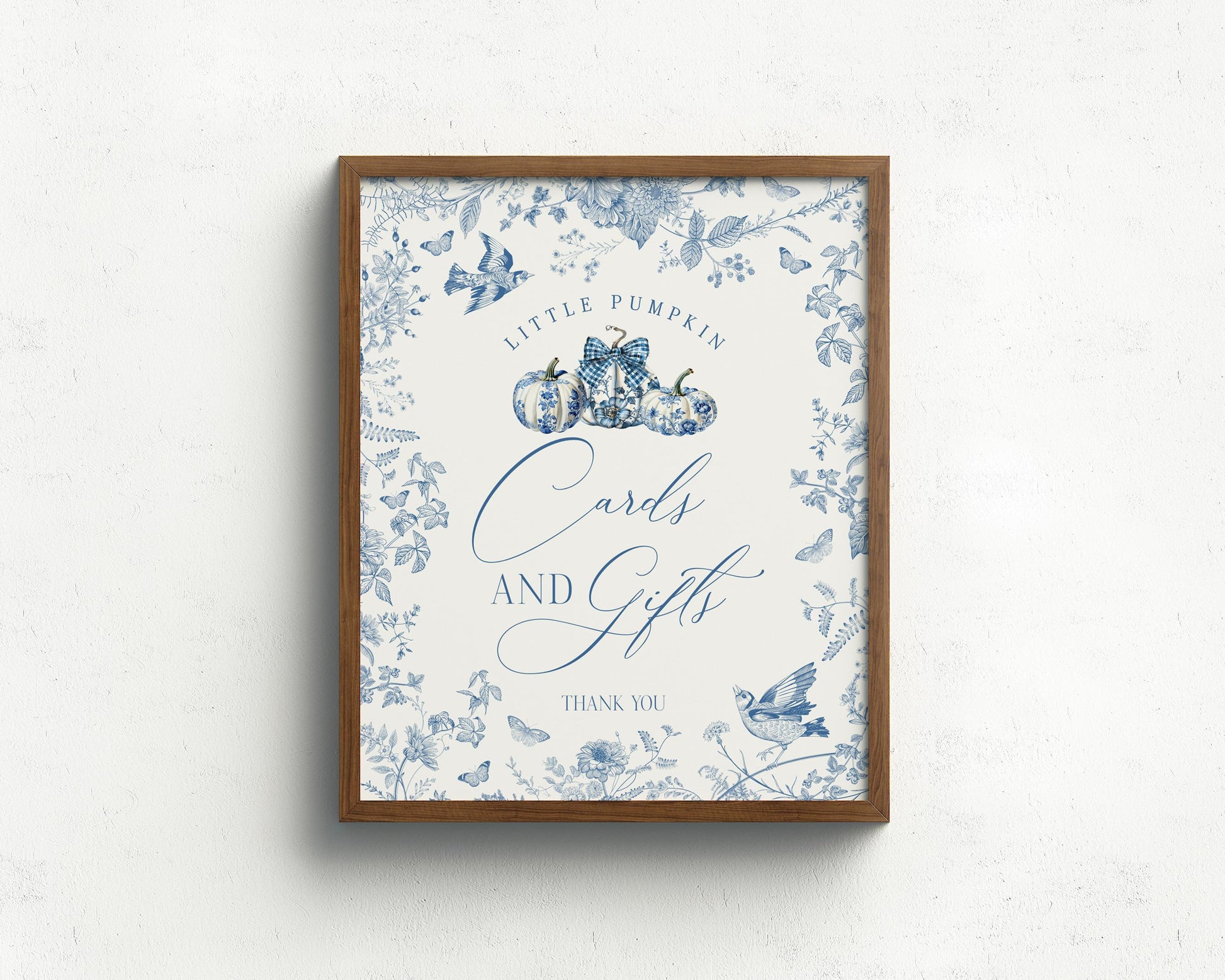 Blue Toile De Jouy Pumpkin Cards & Gifts and Favors Sign Printable Template, Fall chinoiserie baby or bridal brunch September October French