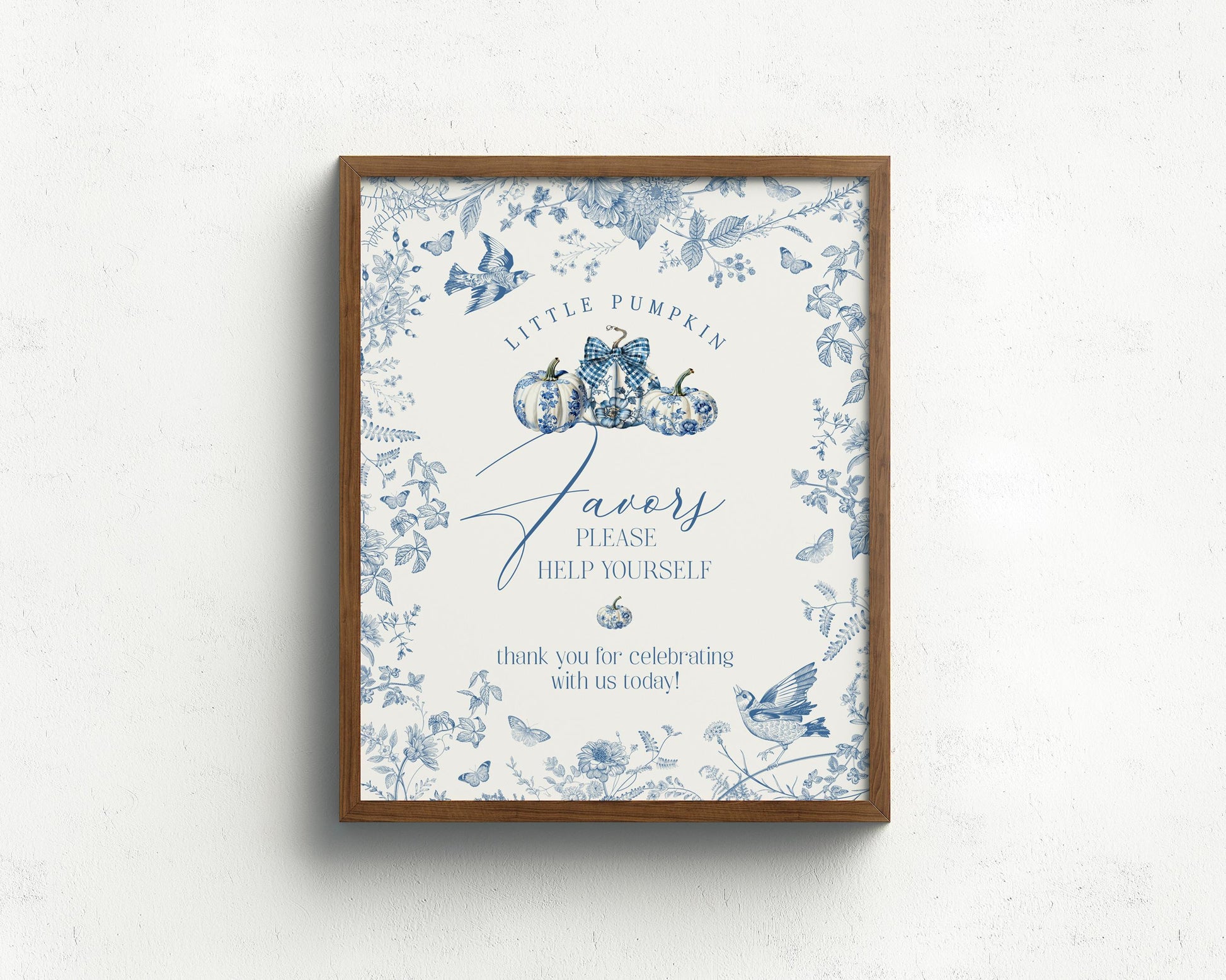 Blue Toile De Jouy Pumpkin Cards & Gifts and Favors Sign Printable Template, Fall chinoiserie baby or bridal brunch September October French