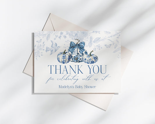 Blue Toile De Jouy Pumpkin Thank You Card Printable Template, Fall Chinoiserie Bridal Shower or Baby Shower September October French Wedding