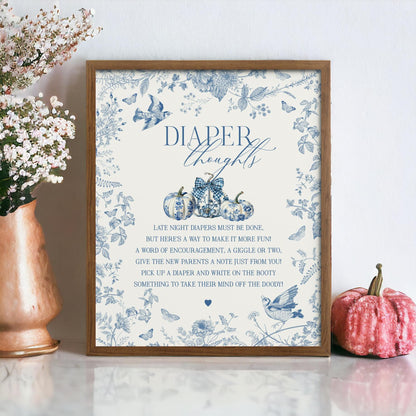 Blue Toile De Jouy Pumpkin Baby Shower Diaper Thoughts Sign Printable Template, Fall chinoiserie baby shower decor September October French