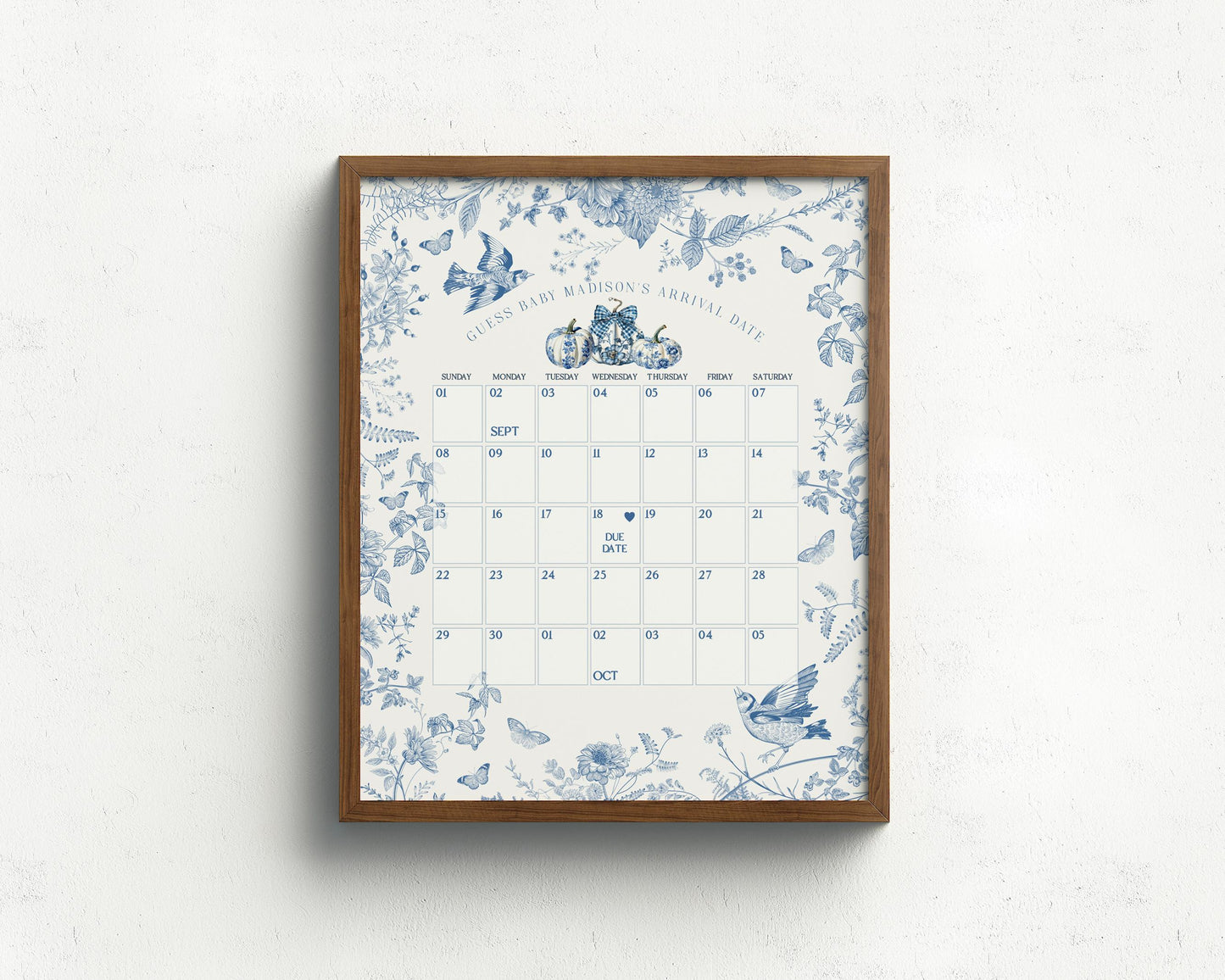 Blue Toile De Jouy Pumpkin Baby Shower Guess the Date Game Template, Fall chinoiserie baby shower decor September October French Theme