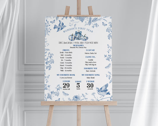 Blue Toile De Jouy Pumpkin First Year Milestone Sign Template, Fall Chinoiserie 1st Birthday Party for September October Bday French Theme