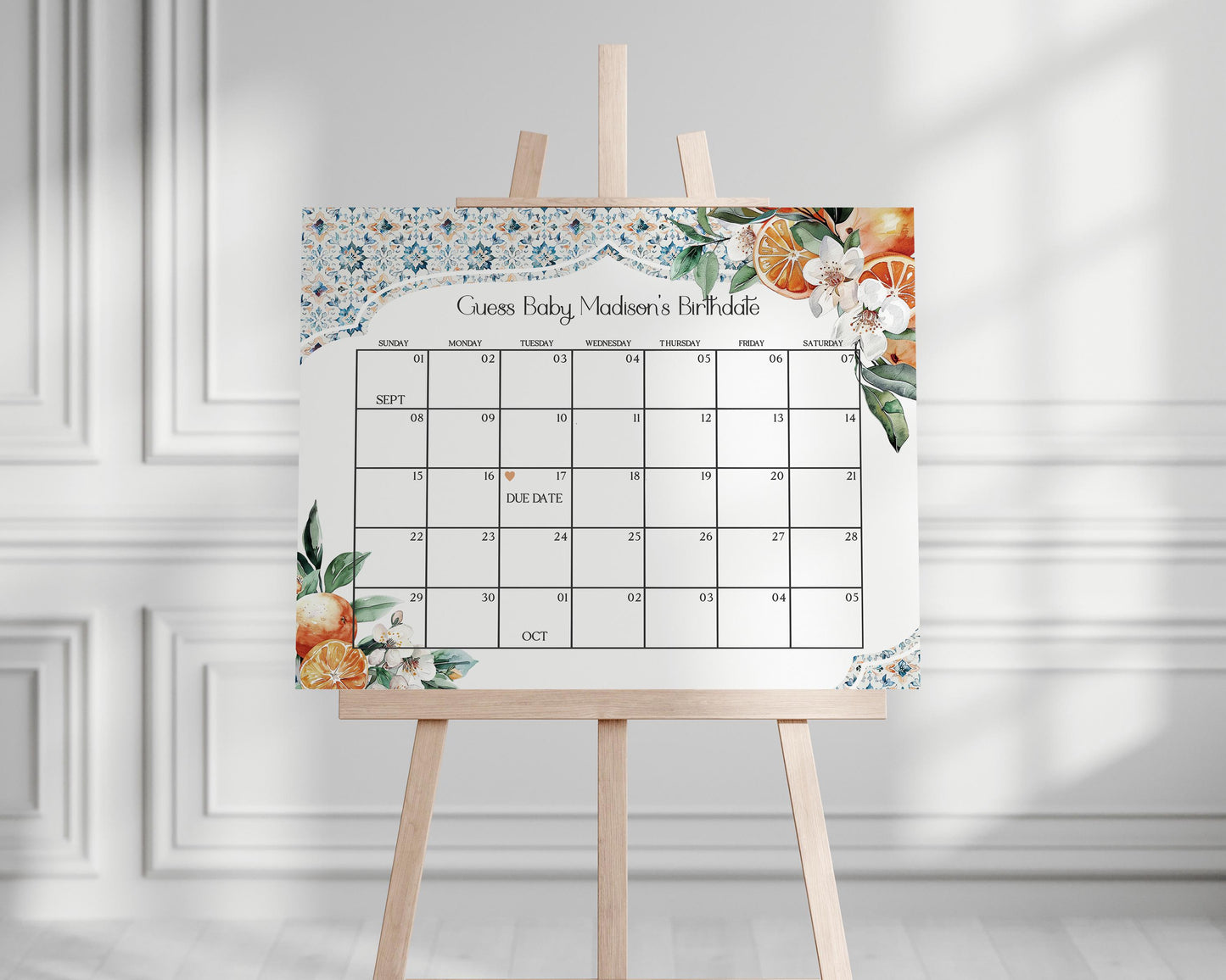 Tuscany Tile Baby Shower Guess the Date Game Template, Orange Citrus Mediterranean baby sprinkle with Spanish tiles, Italian theme pasitano