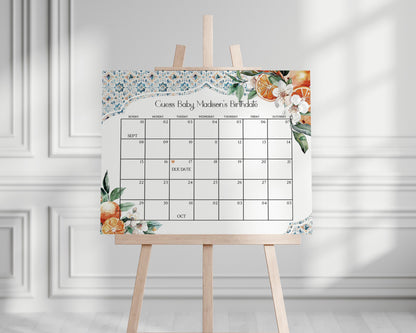 Tuscany Tile Baby Shower Guess the Date Game Template, Orange Citrus Mediterranean baby sprinkle with Spanish tiles, Italian theme pasitano