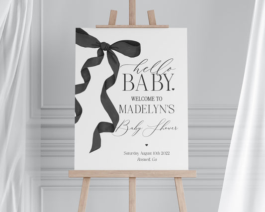 Black Bow Baby Shower Welcome Sign Printable Template, Watercolor preppy coquette bow theme party for fancy southern girl grandmillenial bow