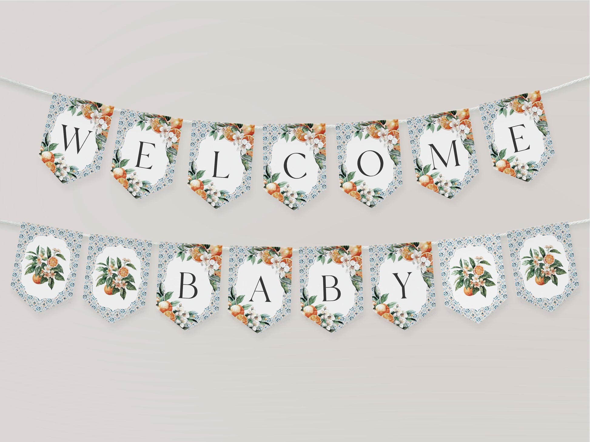 Tuscany Tile Baby Shower Banner Printable Template, Orange Citrus Mediterranean baby sprinkle with Spanish tiles, Italian theme pasitano