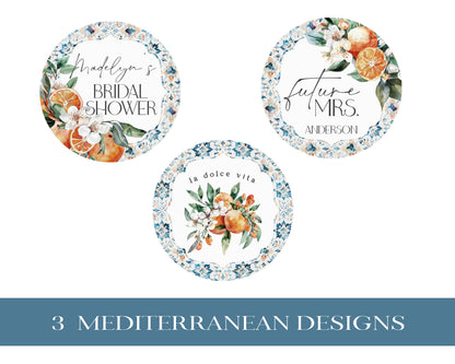 Tuscany Tile Bridal Shower Cupcake Toppers Printable Template, Orange Citrus Mediterranean bridal brunch with Spanish tiles, Italian theme