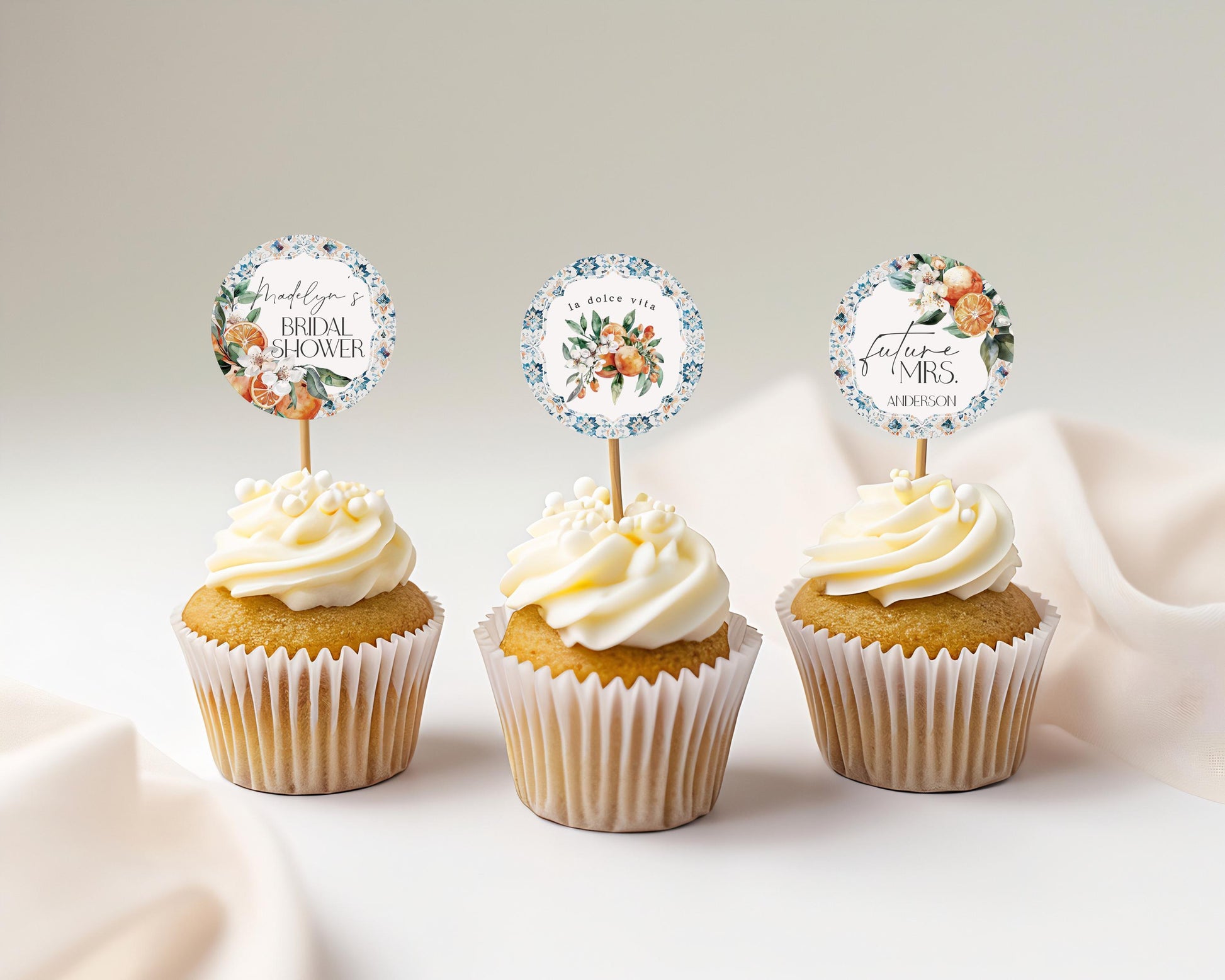 Tuscany Tile Bridal Shower Cupcake Toppers Printable Template, Orange Citrus Mediterranean bridal brunch with Spanish tiles, Italian theme