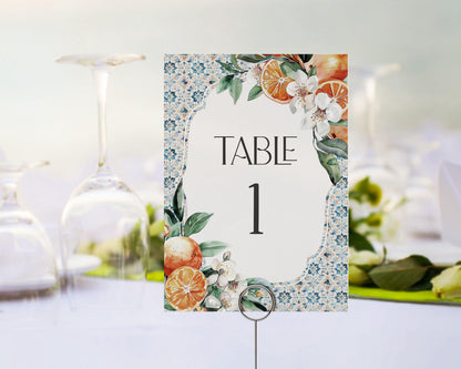 Tuscany Tile Table Number Cards Printable Template, Orange Citrus Mediterranean wedding with Spanish tiles, Italian positano beach theme