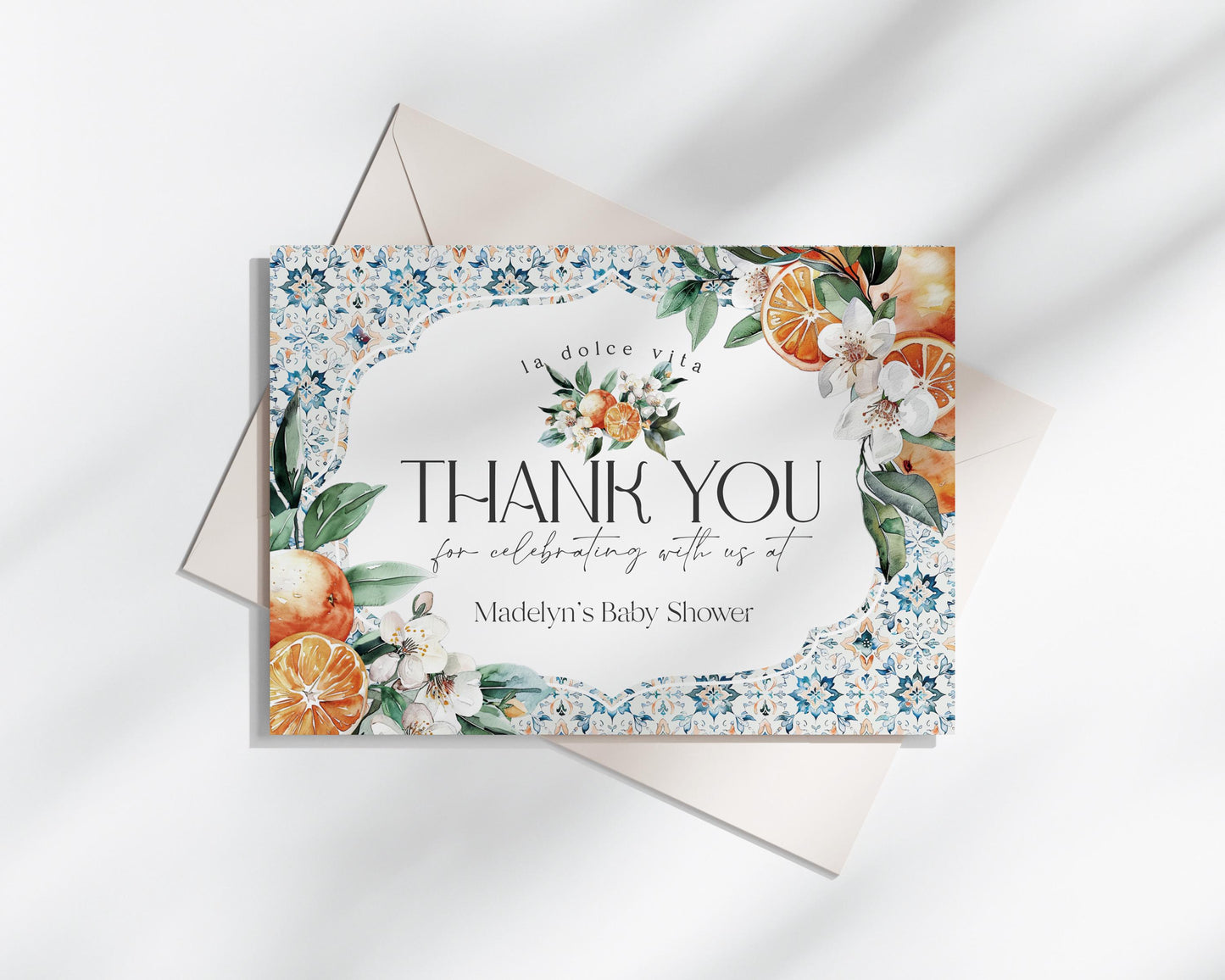 Tuscany Tile Thank You Card Printable Template, Orange Citrus Mediterranean wedding with Spanish tiles, Italian theme positano beach