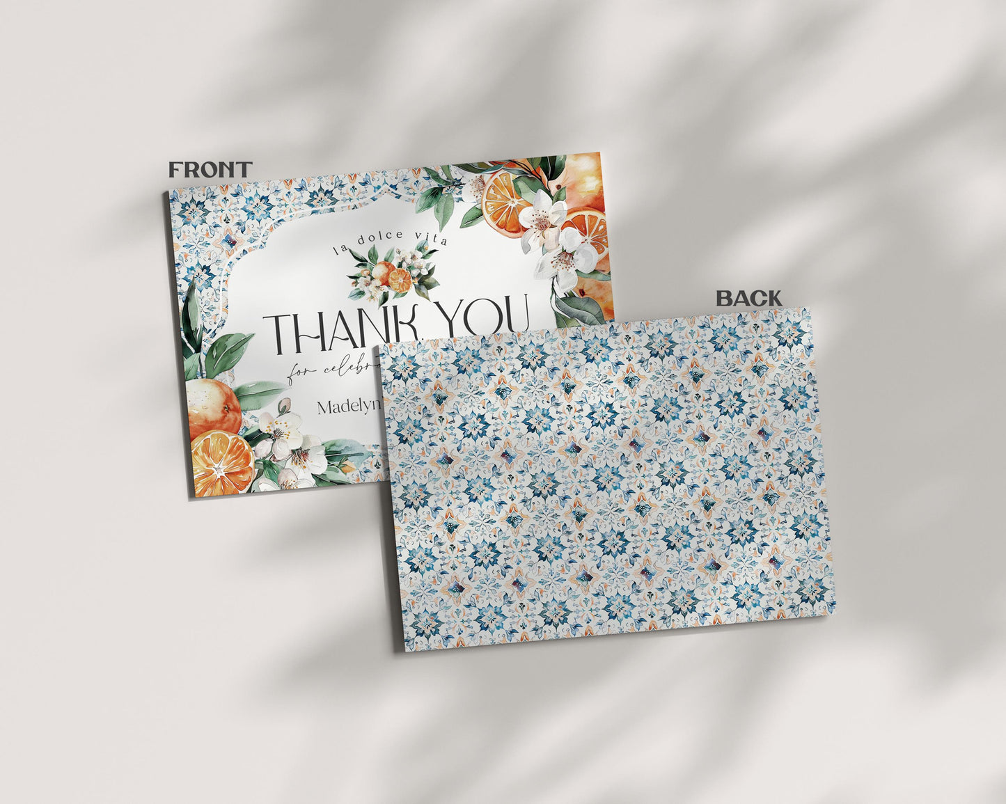 Tuscany Tile Thank You Card Printable Template, Orange Citrus Mediterranean wedding with Spanish tiles, Italian theme positano beach