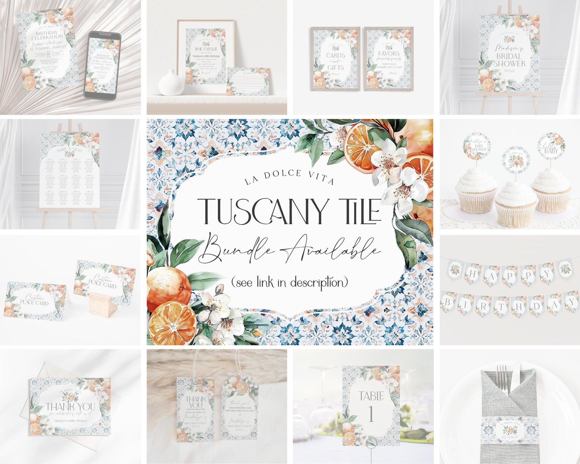 Tuscany Tile Thank You Card Printable Template, Orange Citrus Mediterranean wedding with Spanish tiles, Italian theme positano beach