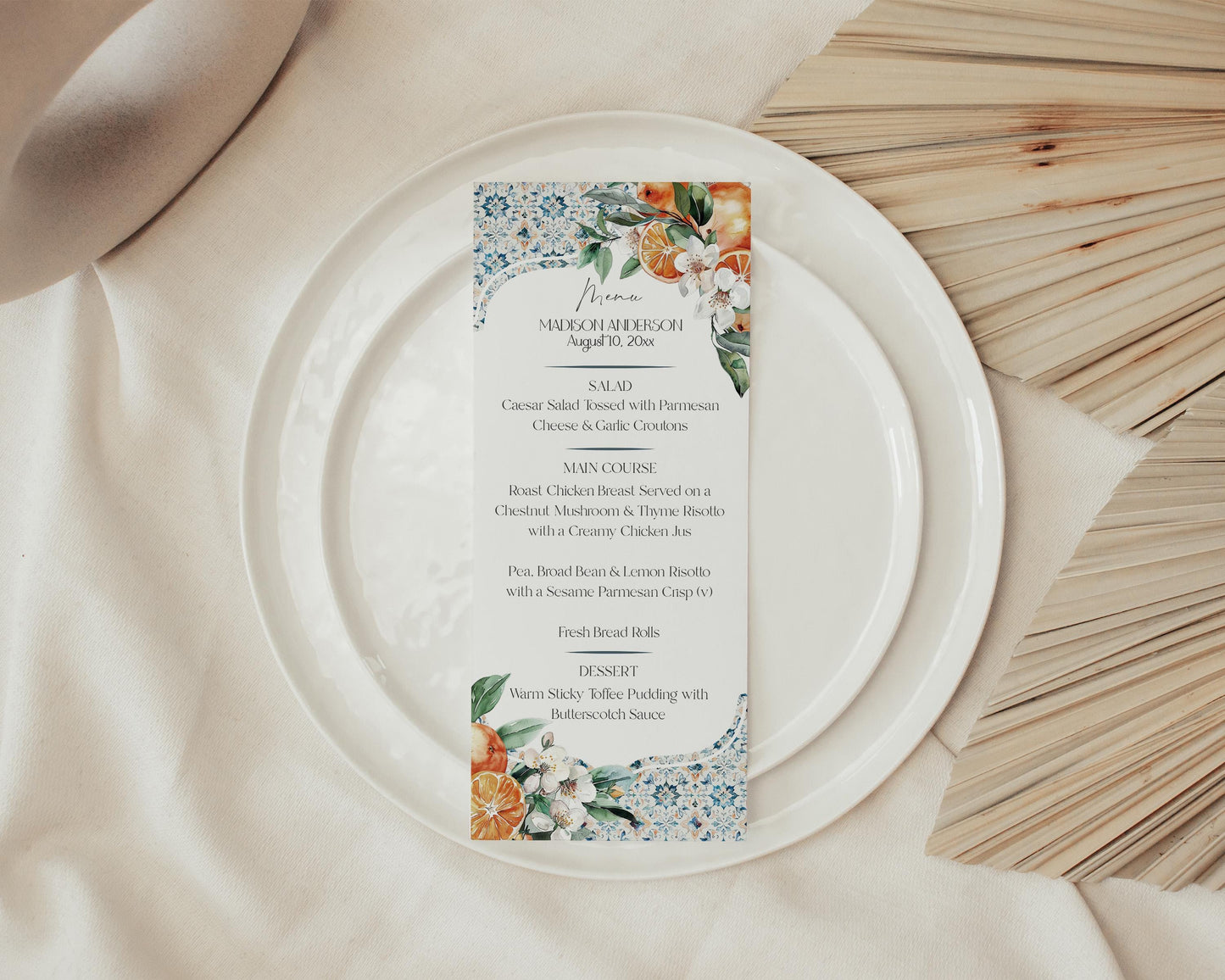 Tuscany Tile Printable Wedding Menu Template, Orange Citrus Mediterranean wedding with Spanish tiles, Italian theme positano beach