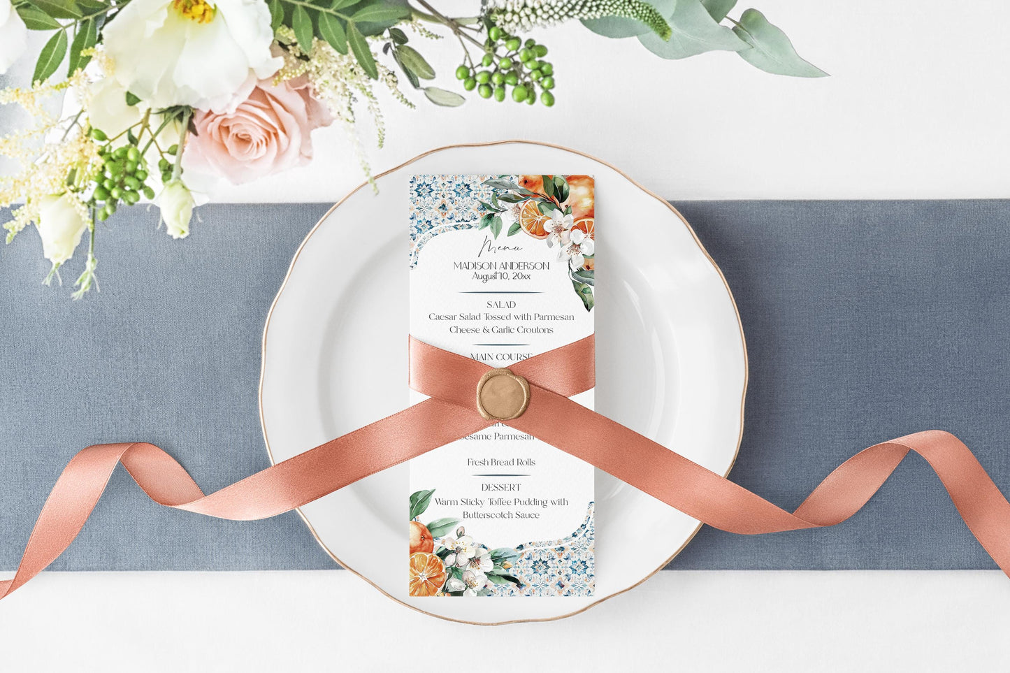 Tuscany Tile Printable Wedding Menu Template, Orange Citrus Mediterranean wedding with Spanish tiles, Italian theme positano beach