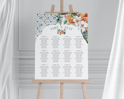 Tuscany Tile Wedding Seating Chart Cards Printable Template, Orange Citrus Mediterranean wedding with Spanish tiles, Italian theme positano