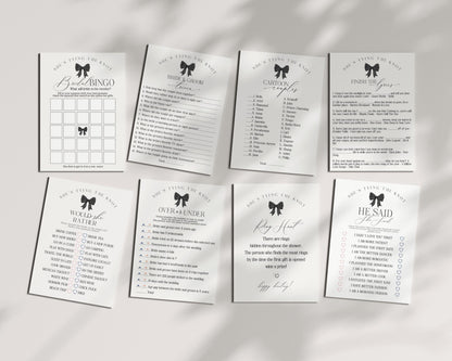 Black Bow Bridal Shower Games Set Printable Template, preppy coquette bow theme wedding for fancy southern bridal brunch shes tying the knot