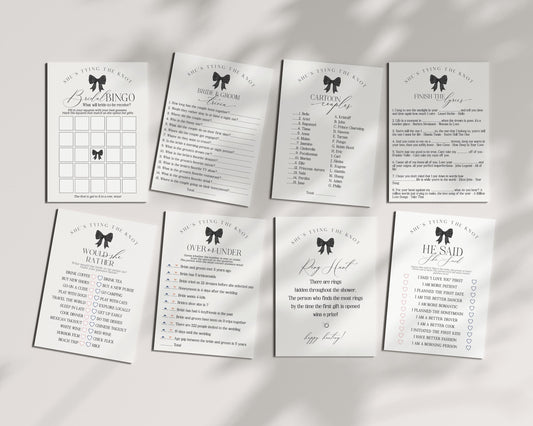 Black Bow Bridal Shower Games Set Printable Template, preppy coquette bow theme wedding for fancy southern bridal brunch shes tying the knot