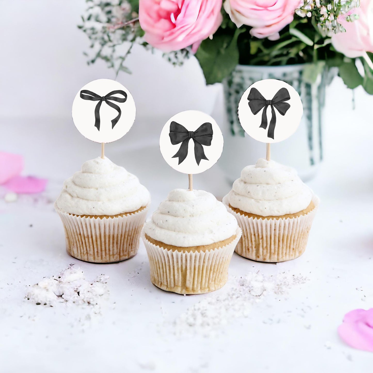 Black Bow Cupcake Toppers Printable for Baby Sprinkle Birthday or Bridal Shower, preppy coquette bow theme party decor for fancy wedding