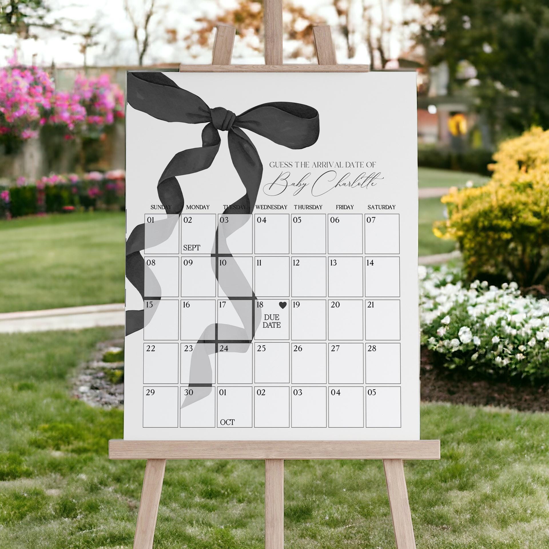 Black Bow Baby Shower Guess the Date Game Template, preppy coquette bow theme party for fancy southern girl grandmillenial bow baby sprinkle