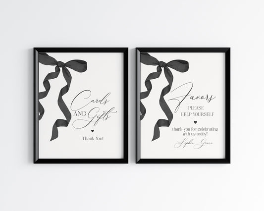 Black Bow Cards & Gifts and Favors Sign Printable Template, preppy coquette bow theme party for fancy southern girl grandmillenial