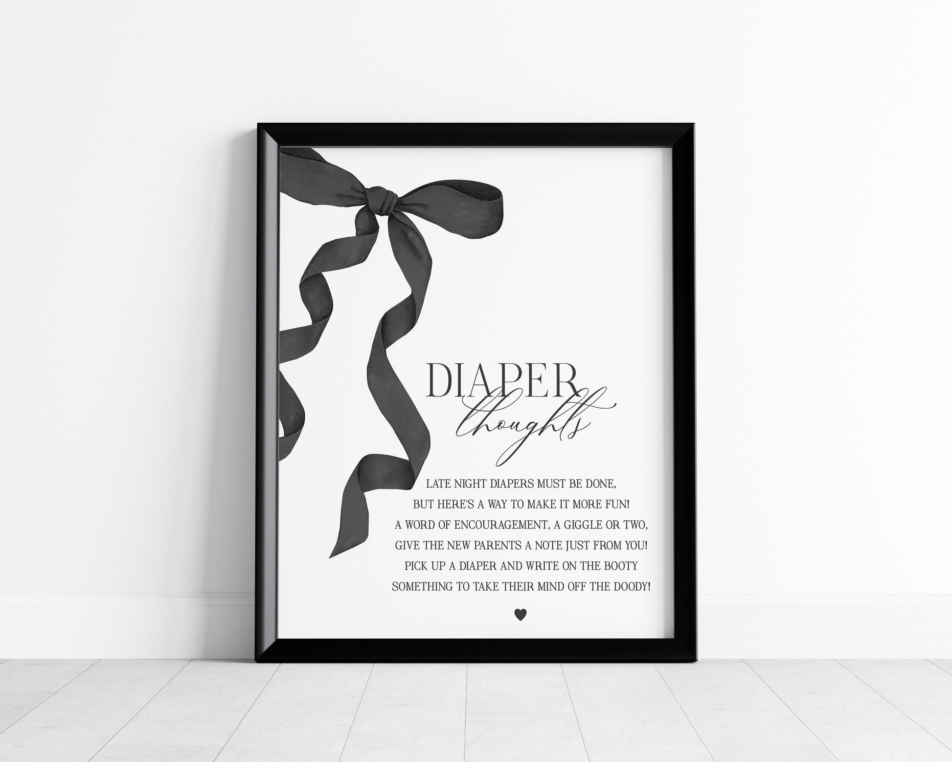 Black Bow Baby Shower Diaper Thoughts Sign Printable Template, preppy coquette bow theme party for baby sprinkle fancy southern girl