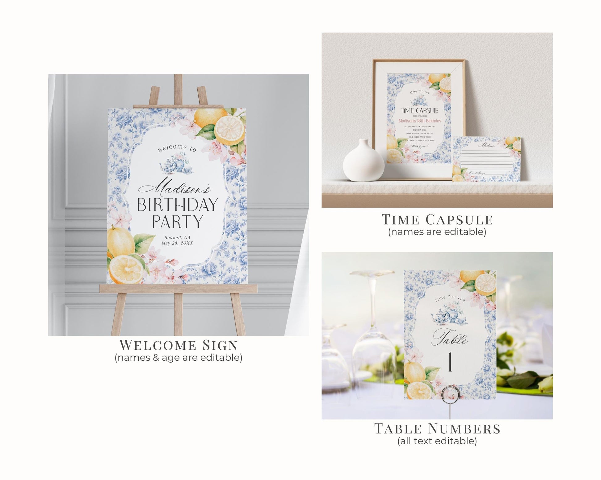 Blue Chinoiserie Tea Birthday Bundle Printable Template, High Tea Party Girl Birthday Par-tea, Blue Willow English Garden Party Blue Toile