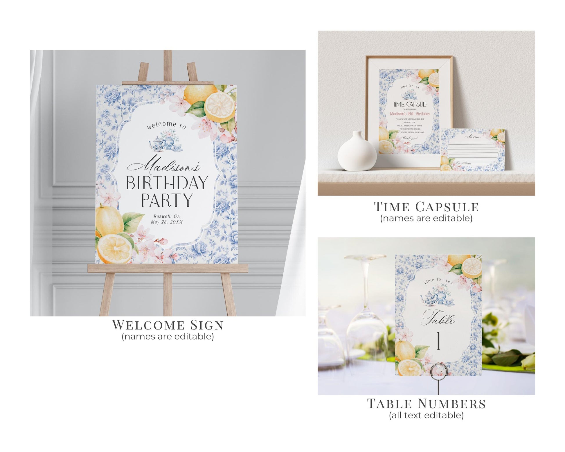 Blue Chinoiserie Tea First Birthday Bundle Printable Template, High Tea Party for Girl Birthday Par-tea, Blue Willow Toile English Garden