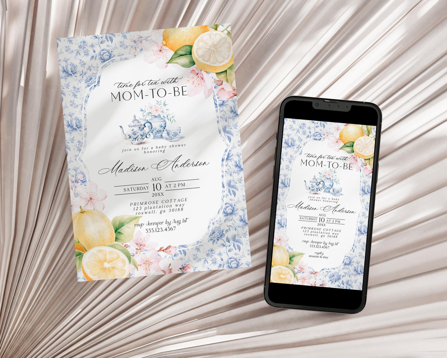 Blue Chinoiserie Tea Baby Shower Invitation Printable Template, High Tea Party Baby Brunch Sprinkle, Blue Willow Toile English Garden Party