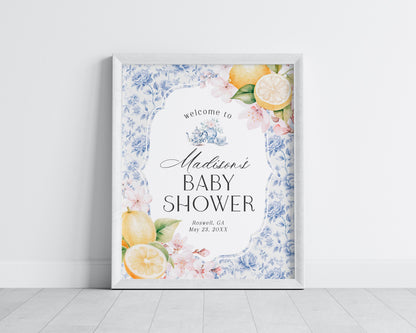 Blue Chinoiserie Tea Baby Shower Welcome Sign Printable Template, High Tea Party for Baby Brunch Sprinkle, Blue Willow Toile English Garden