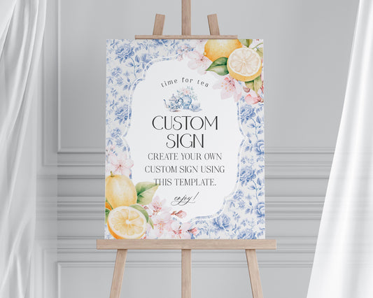 Blue Chinoiserie Tea Custom Sign Printable Party Decor for Baby or Bridal Shower, High Tea Party for Bridal Tea, Blue Toile English Garden