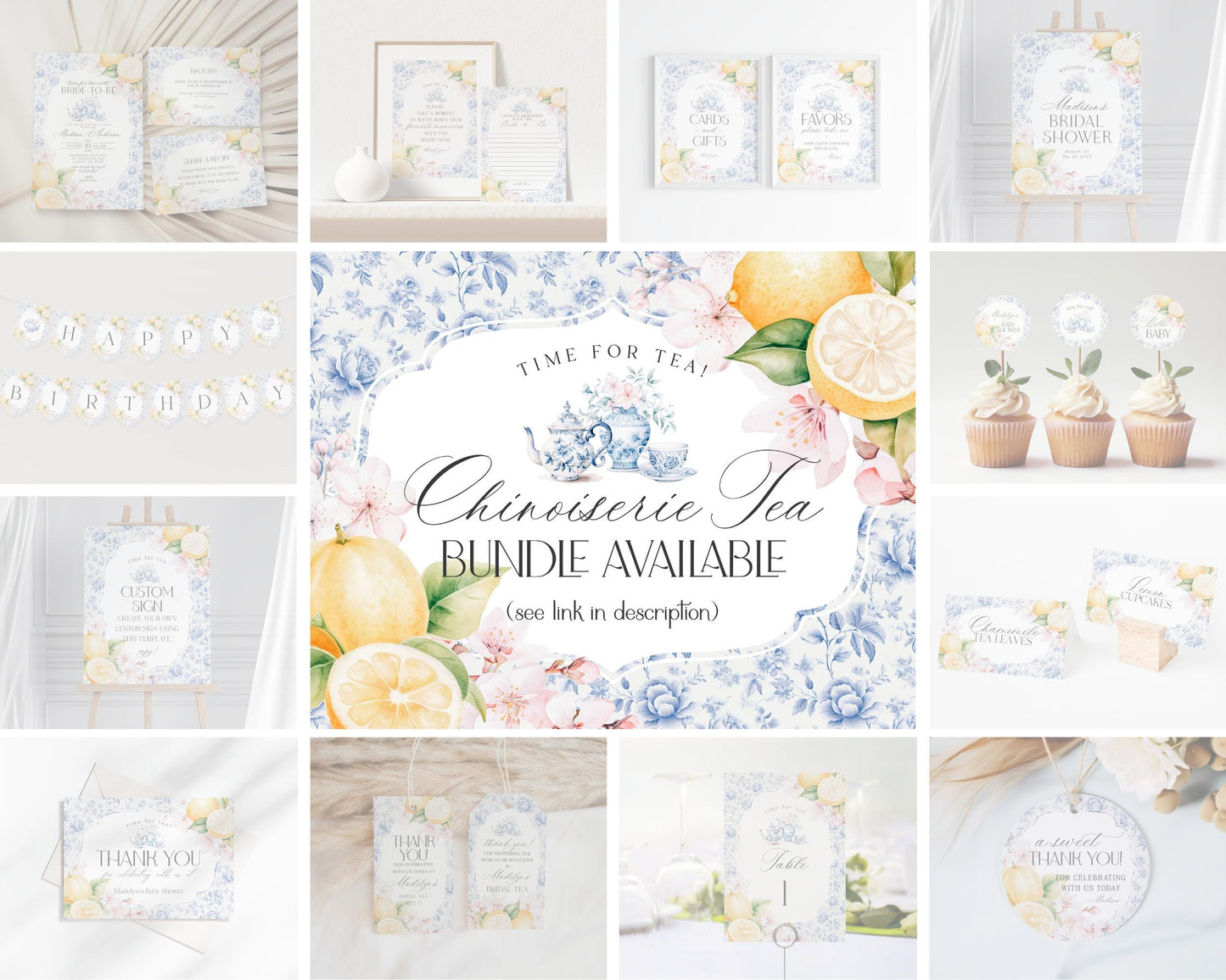 Blue Chinoiserie Tea Place Cards for Baby or Bridal Shower or Birthday Printable Template, Lemon High Tea Party Blue Willow Toile