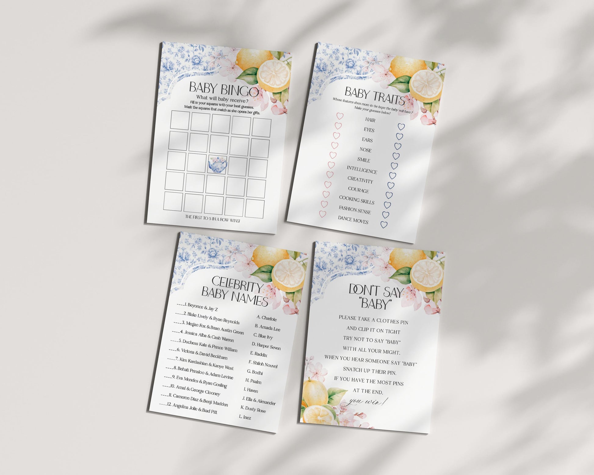 Blue Chinoiserie Tea Baby Shower Games Set Printable Template, Lemon High Tea Party for Baby Brunch Sprinkle, Blue Toile English Garden