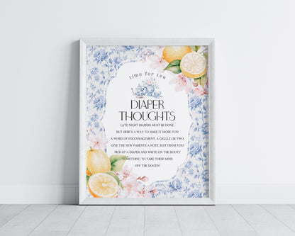 Blue Chinoiserie Tea Baby Shower Diaper Thoughts Sign Printable Template, Lemon High Tea Party for Baby Brunch Sprinkle Toile Garden WP1001