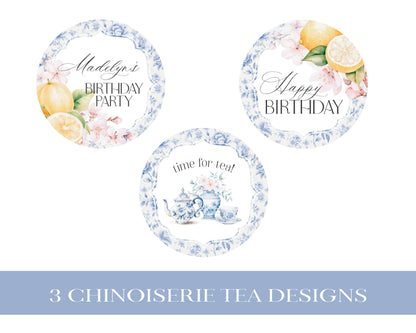 Blue Chinoiserie Tea Birthday Cupcake Toppers Printable Template, Lemon High Tea Party Girl Birthday Par-tea Blue Willow Toile Garden Party