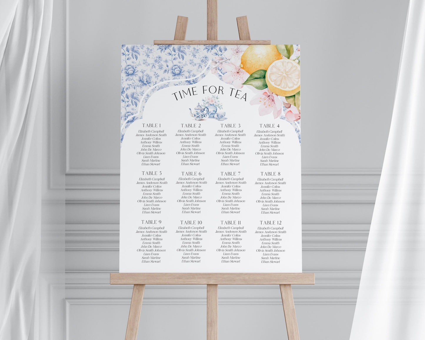 Blue Chinoiserie Tea Wedding Seating Poster Cards Printable Template, Lemon High Tea Party Bridesmaid Bridal Tea, Blue Willow Toile Garden