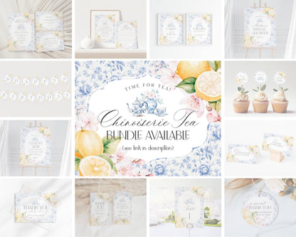 Blue Chinoiserie Tea Wedding Seating Poster Cards Printable Template, Lemon High Tea Party Bridesmaid Bridal Tea, Blue Willow Toile Garden