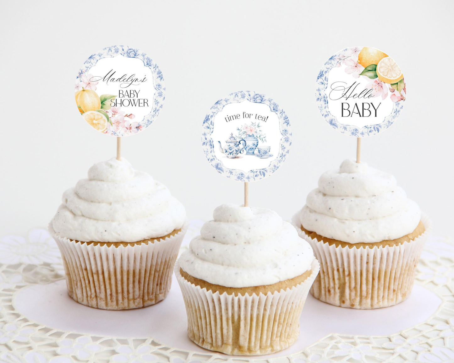 Blue Chinoiserie Tea Baby Shower Cupcake Toppers Printable Template, Lemon High Tea Party Baby Brunch Sprinkle, Blue Toile Garden Party