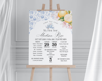 Blue Chinoiserie Tea First Year Milestone Sign Printable Template, Lemon High Tea Party Girl Birthday Par-tea Blue Willow Toile Garden Party