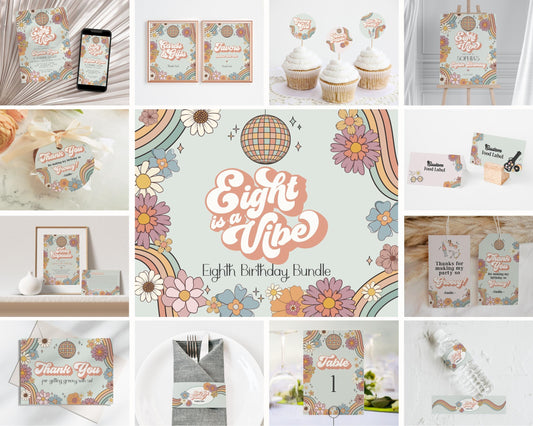 Eight is a Vibe Groovy Floral Eighth Birthday Bundle Template, boho hippie invite for girl, 8th birthday party retro groovy party pack